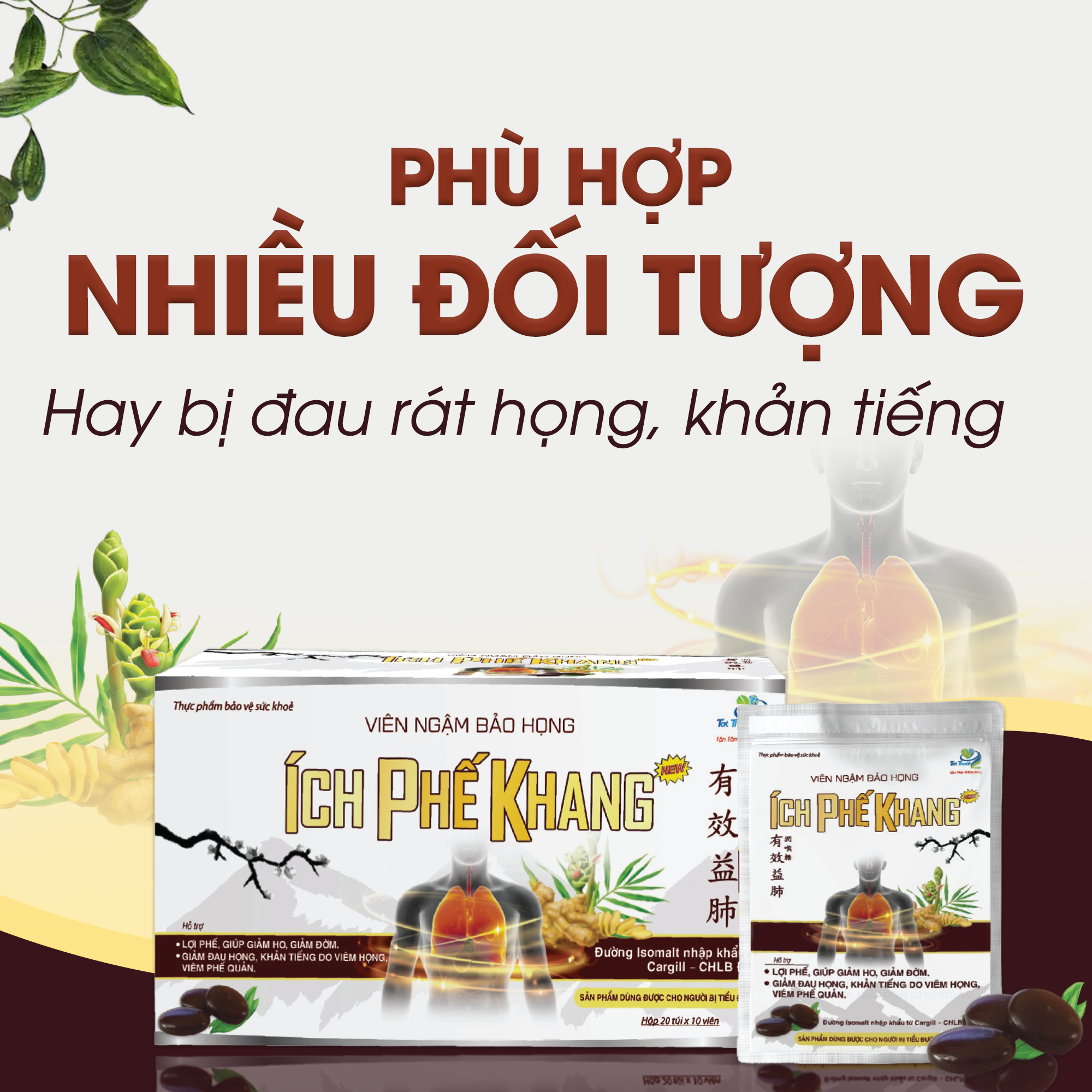 Viên ngậm bảo họng Ích Phế Khang New (1 hộp 20 túi)